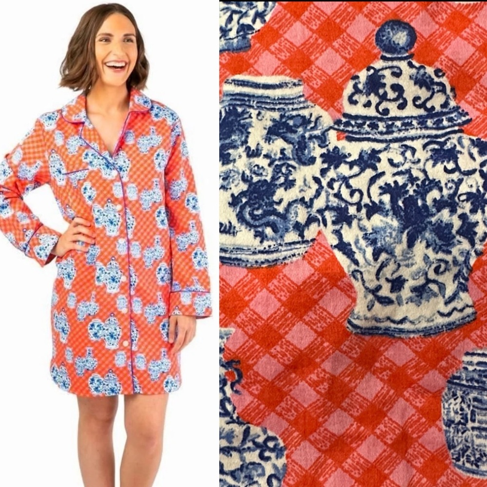 JAYES’S STUDIO Charlotte Ginger Jar Nightshirt Sz M Red Gingham Blue White Print